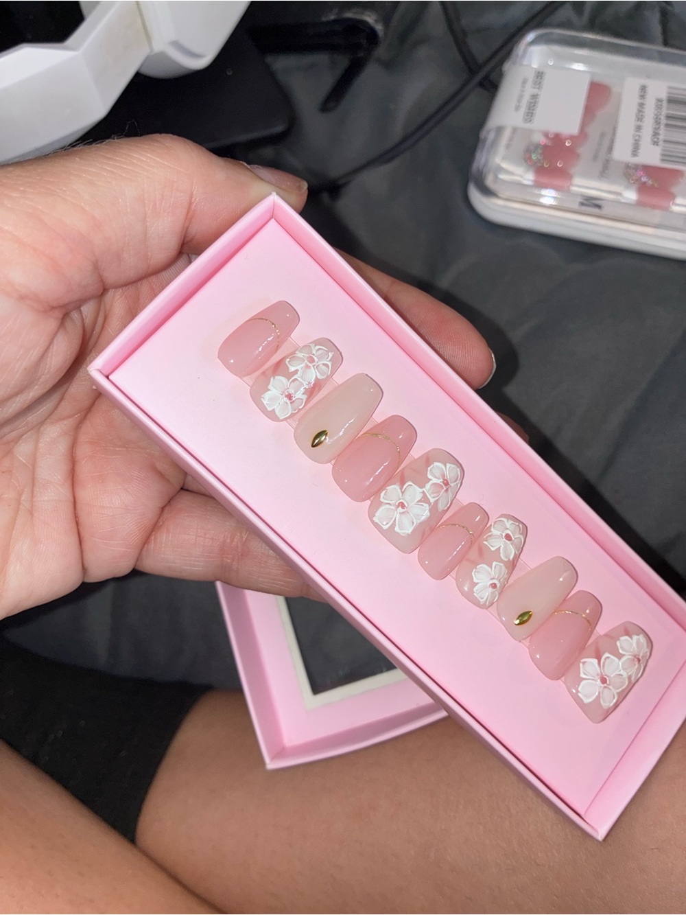 Elegant Pink Floral Press-On Nails with White 3D Flowers